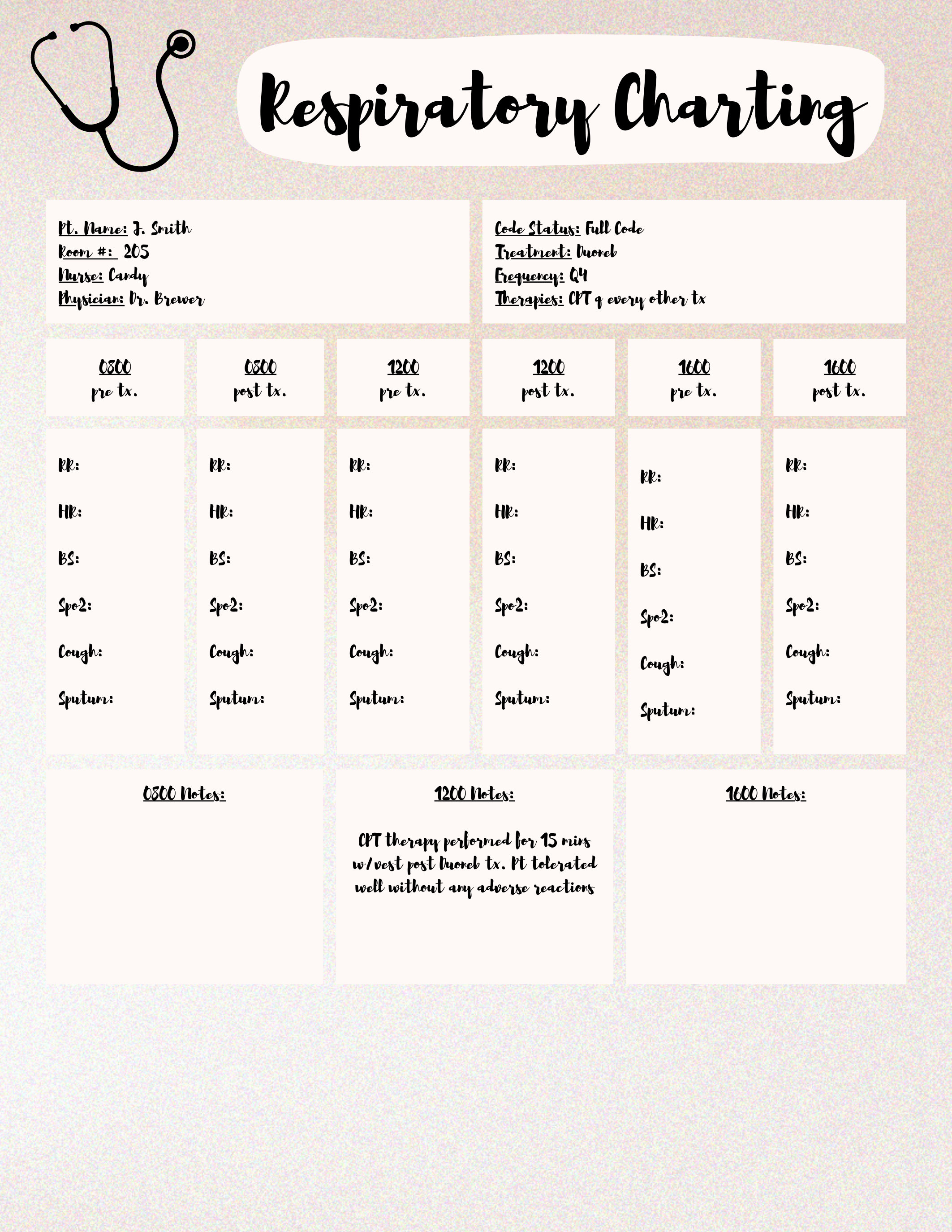 Hospital Medical Charting Respiratory Charting Printable Etsy