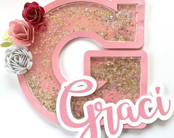 Custom Initial Shaker Cake Topper, pink shaker topper, flower cake topper, birthday cake topper