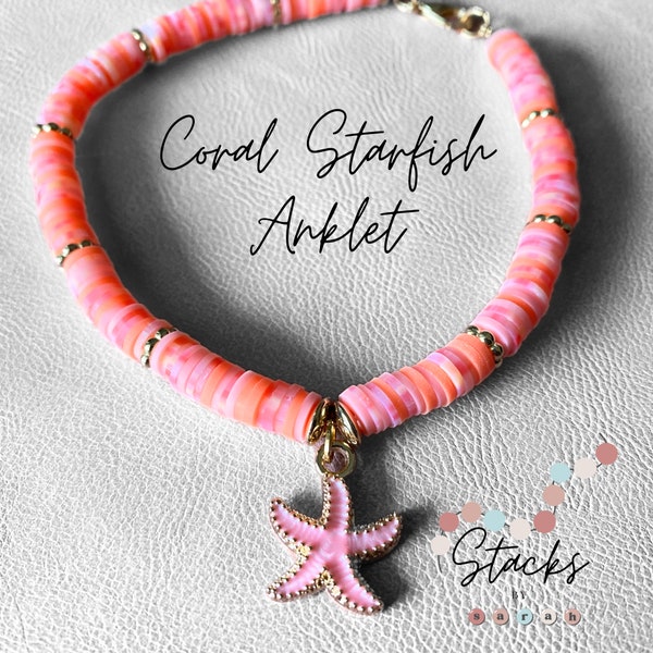 Coral Anklet with Pink Starfish Charm and Gold Clasp Spring Ankle Bracelet Summer Ankle Bracelet