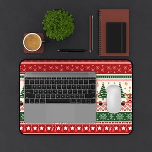 Reindeer and Christmas Trees Desk Mat | Holiday Fair Isle Pattern