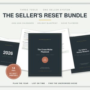 Puede incluir: Un paquete de productos digitales titulado The Seller's Reset Bundle, que incluye tres herramientas: calendarios 2026-2028, The Cross-Niche Playbook y The Seller's Holiday Blueprint. El conjunto contiene 14 documentos PDF rellenables e imprimibles.