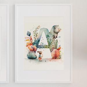 Watercolor Letter A Print for Kids Room Decor - Instant Downloadable Digital Artwork in Blue, Green and Yellow Shades - Nursery Wall Art