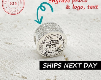 Custom  Sterling Silver Charm, Personalized University High school Graduation Gift Engraved Charm for Bracelet, Necklace by Pinkpig SSC-102