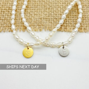 Personalized Initial Pearl Necklace: Tiny Coin Disk, Freshwater Pearl Jewelry