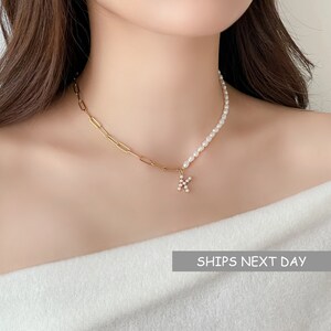 Initial Pearl Necklace: 18k Gold Paperclip Chain, Alphabet Charm