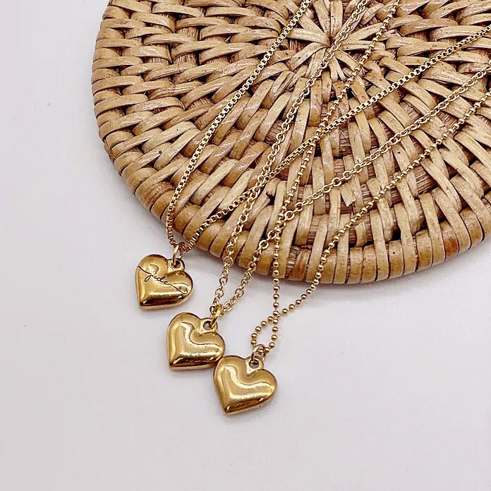 Mini Puffed Heart Necklace Puffy Chunky Gold Stainless Steel