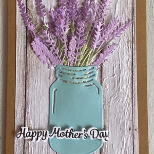 Carte de fête des mères avec un bouquet de lavande dans un pot Mason, carte en relief pour maman, carte de fête des mères de style champêtre avec lavande, 5 x 7