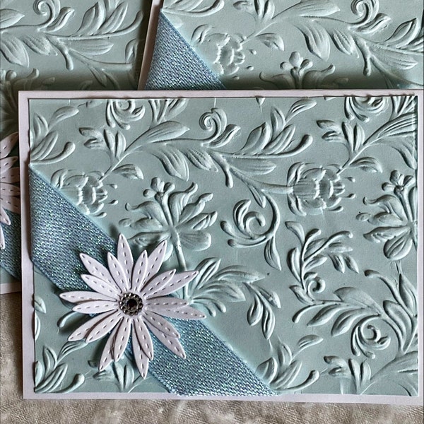 Embossed Notecards with a White Daisy and Gemstone, All Occasion Cards, Pale Blue Embossed Notecards, Thank You Cards, Set of Six, 5.5x4.25