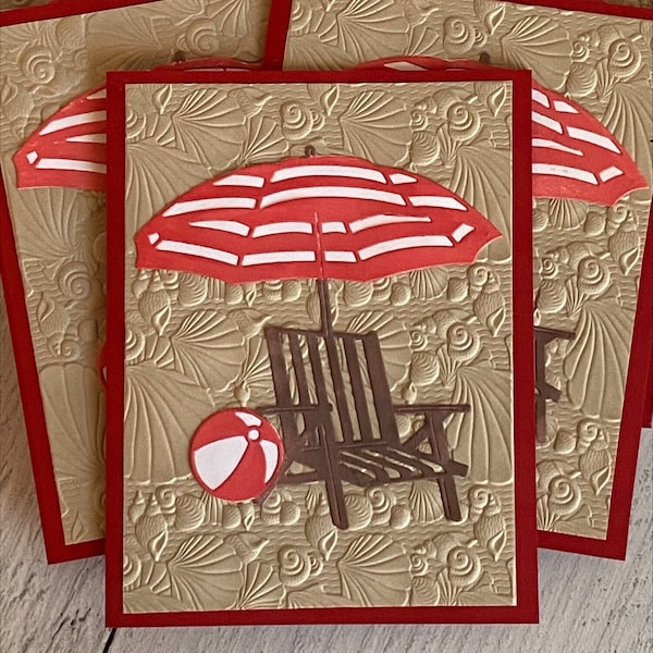 Fun In The Sun Notecards, Beach Chair and Umbrella Cards in Beige, Beach Scene Notecards Embossed with Sea Shells, Set of Six, 5.5x4.25