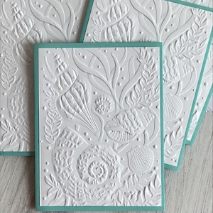 Treasures By the Sea, tarjetas con motivos de conchas en relieve, conchas en relieve en blanco, tarjetas en blanco y azul, juego de 6, 5,5 x 4,25