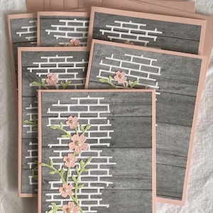 Tarjetas con flores enrejadas, tarjetas florales rosas, hechas a mano, flores pintadas a mano, gris y rosa, para toda ocasión, juego de seis, 5.5 x 4.25