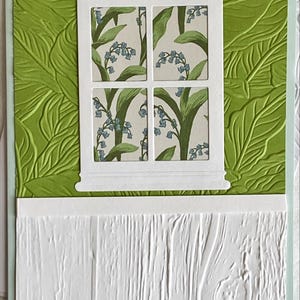 Notitiekaarten met reliëf voorjaar vensterzicht, lambrisering, bloemen en bladeren, Cards with a View, handgemaakt, alle gelegenheden, set van zes, 5,5 x 4,25