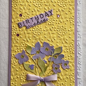 Lente verjaardagskaart, gele reliëfkaart en lavendelkaart met irissen, handgemaakte verjaardagskaart, verjaardagswensen, elegante bloemen, 5 x 7