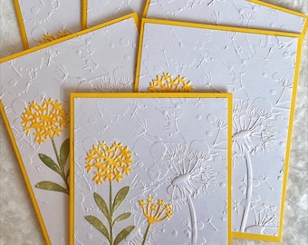 Dandelion Embossed Notecards in Yellow and White, Dandelion Thank You Cards, Dandelion Thinking of You Cards, Set of 6, 5.5x4.25