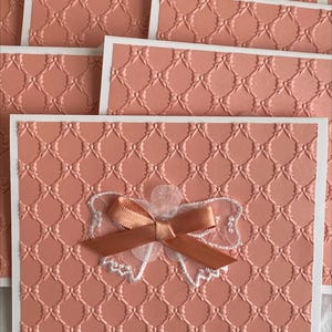 Cartes de correspondance avec noeud en relief, pêche et blanc, cartes pour toutes les occasions, dentelle et satin, on pense à vous, shower de mariage, fait main, lot de 6, 5,5 x 4,25