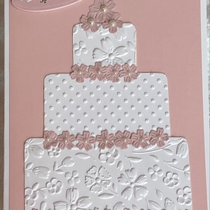 Cartão de casamento rosa e branco com bolo em relevo acentuado com pérolas e flores, cartão de casamento, parabéns pelo seu casamento, 5x7