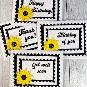 Jeu de cartes en relief tournesol pour toutes les occasions, une pensée pour vous, merci, rétablissement bientôt, joyeux anniversaire, (4 cartes) 4,25 x 5,5