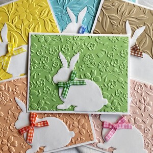 Easter Notecards Embossed in Assorted Colors with a Bunny and Gingham Bow, Easter Cards, Embossed Notecards for Easter, Set of Six, 5.5x4.25 image 2