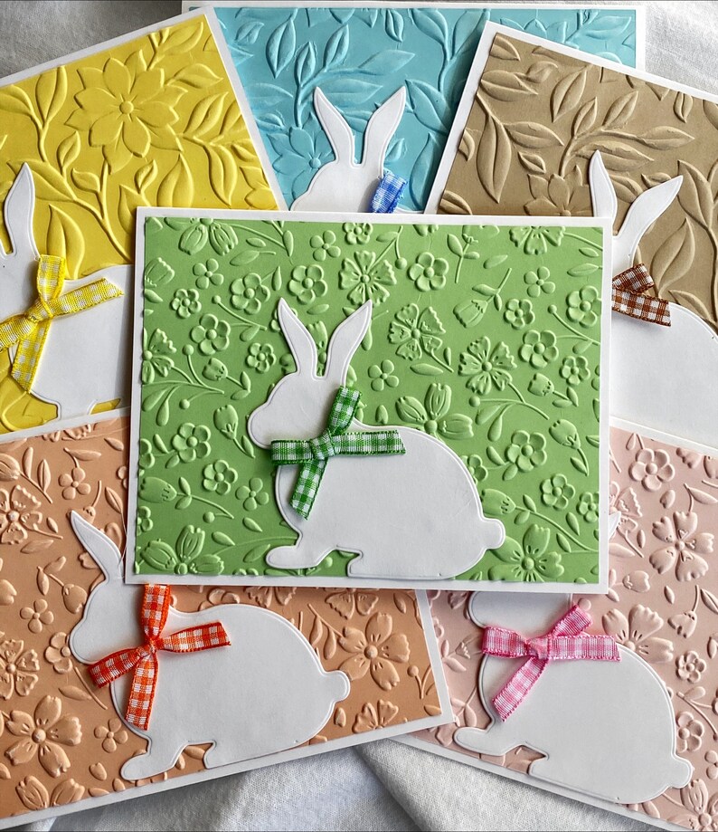 Easter Notecards Embossed in Assorted Colors with a Bunny and Gingham Bow, Easter Cards, Embossed Notecards for Easter, Set of Six, 5.5x4.25 image 2