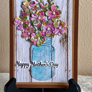Moederdagkaart met een glazen pot gevuld met bloemen, reliëfmoederdagkaart, rustieke Moederdagkaart, 5 x 7