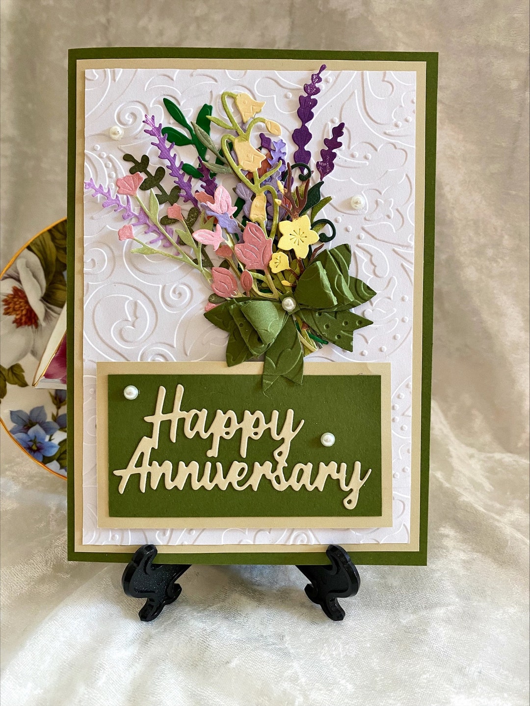 Happy Anniversary Bouquet of Flowers Embossed With a Bow 5x7 - Etsy