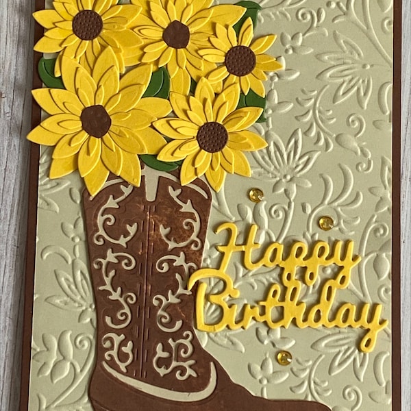 Birthday Brown Cowboy Boot Filled with Sunflowers, Embossed Filigree Boot Card, Happy Birthday Cowgirl Boot Filled with Sunflowers, 5x7