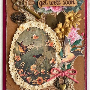 Cartão vintage, cartão de melhoras, feito à mão, detalhes em metal, flores e renda, pássaros, desgastado, 5,5x4,25