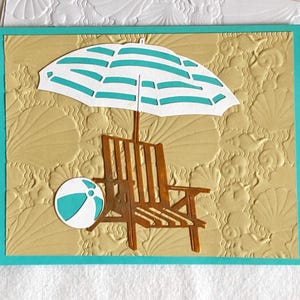 Tarjetas "Diversión bajo el sol", con sillas de playa y sombrillas, con escenas de playa y conchas marinas en relieve, hechas a mano, juego de seis, 5.5 x 4.25