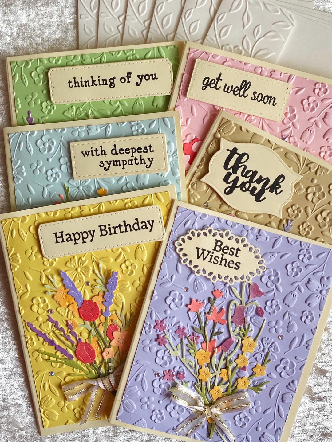Handmade Embossed Notecards: Hand Painted Flowers, Gemstones, Set of ...