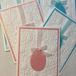Biglietti di auguri pasquali in rilievo in rosa, blu e bianco, biglietti di auguri pasquali con nastri e fiocchi, fatti a mano, uova scintillanti, set da sei, 5,5x4,25