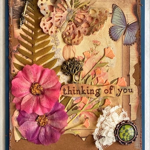 Cartão vintage, pensando em você, flores e borboletas, azul e marrom, detalhes em metal, feito à mão, 5,5x4,25