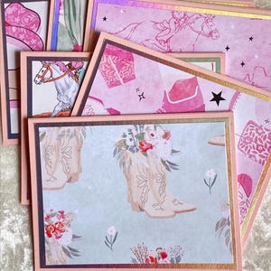 Sie ist ein Cowgirl Grußkarten, Cowboystiefel und Hüte, handgefertigte, feminine Karten, rosa und weiß, alle Anlässe, Danke, 6er Set, 5.5x4.25