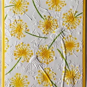 Biglietti di auguri con tarassaco in rilievo e stencil in bianco e giallo, biglietti primaverili ed estivi, floreali fatti a mano, fiori, set di sei, 5,5x4,25