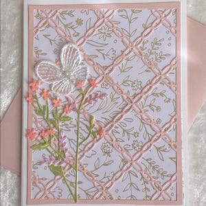 Cartões de flores e borboletas, pintados à mão, com flores, borboleta com pérolas, dourado e rosa, feitos à mão, muito elegantes, conjunto de cinco, 5,5 x 4,25