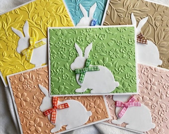 Easter Notecards Embossed in Assorted Colors with a Bunny and Gingham Bow, Easter Cards, Embossed Notecards for Easter, Set of Six, 5.5x4.25