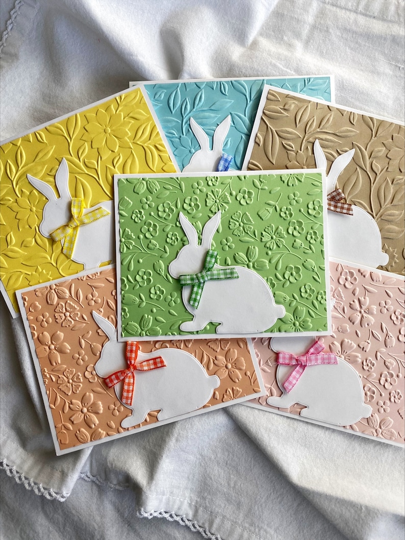 Easter Notecards Embossed in Assorted Colors with a Bunny and Gingham Bow, Easter Cards, Embossed Notecards for Easter, Set of Six, 5.5x4.25 image 1