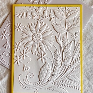 Geprägte Sonnenblumen Grußkarten, Weiß auf Gelb Karten für alle Gelegenheiten, handgemacht, denke an Dich, gute Besserung, Geburtstag, 6er Set, 5.5x4.25