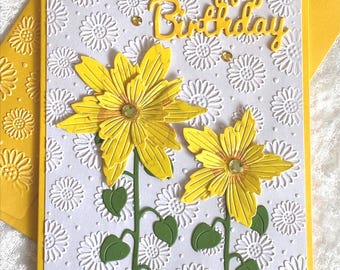 Embossed Sunflower Birthday Card, Sunflower Embossed Happy Birthday Card with Gemstones, Sunflower Card, 5x7