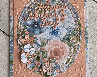Mother's Day Card in a Floral Print in Peach and Blue with Embossed Background, "Happy Mother's Day" Card, Mom's Special Day, 5x7