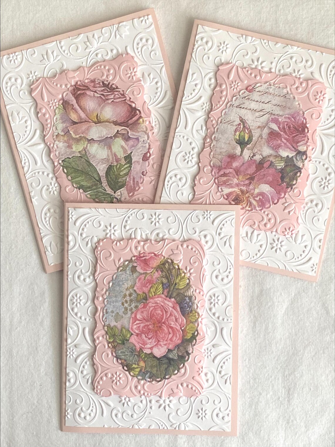 Embossed Notes Embossed Notecards With Roses and More Roses, Pink and White, Handmade ...