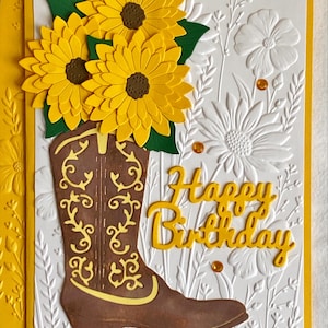 Tarjeta de cumpleaños con bota vaquera marrón rellena de girasoles, con filigrana en relieve, feliz cumpleaños vaquera, hecha a mano, flores, floral, 5x7