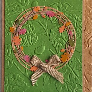 Geprägte Herbst Grußkarten, Kranz mit Blättern und Schleife, Grün und Braun, handgemacht, für alle Anlässe, Thanksgiving, 6er Set, 5.5x4.25