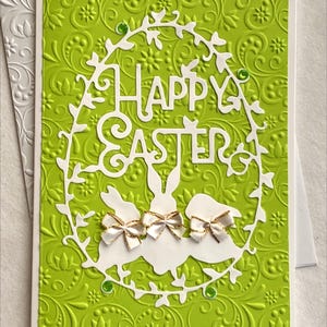 Biglietto di Pasqua in rilievo in verde e bianco, "Buona Pasqua" con coniglietti e una vite, auguri di festa per Pasqua, biglietto fatto a mano, 5x7
