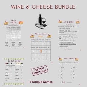 Wijn- en kaasspelbundel: 5 unieke leuke spellen voor je feest! Bingo, trivia, rood of wit, WordSearch en iconische duo's? Digitale download