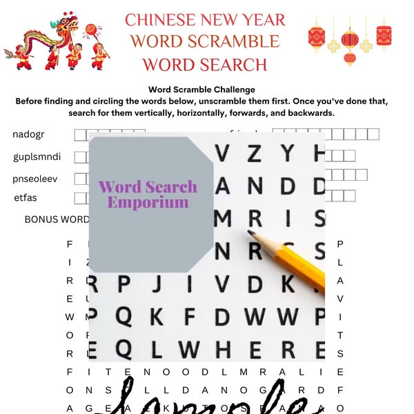 Celebrate The Lunar Chinese New Year Festival: Word Play Delights for the Chinese New Year - NEW Word Scramble and Word Search all in one!