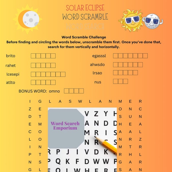 NEW! Solar Eclipse Word Scramble Word Search! Unscramble words related to the eclipse, and then find them! Instant Download