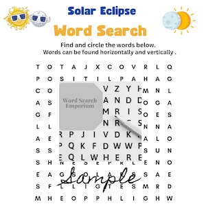 Get Ready for the 2024 Solar Eclipse with this fun word search game! A Great Activity for Classrooms, Eclipse Parties, & Family Game Nights!