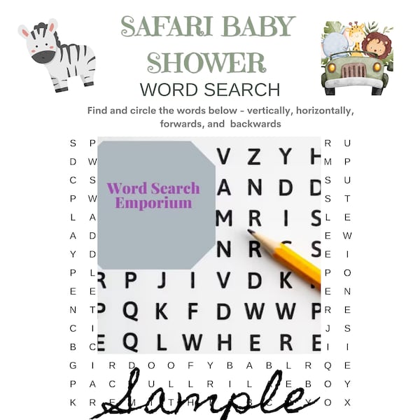 Safari Themed Baby Word Search! Fun, Exciting, Fantastic, Baby Shower Word Search!  Find Baby-Related Words in a FUN Shower Game - Difficult