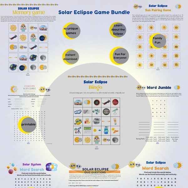 Solar Eclipse Game Bundle - Once in a Lifetime Event - 10 Unique Games -Wonderful for classroom and/or Family Fun Activity- Instant Download