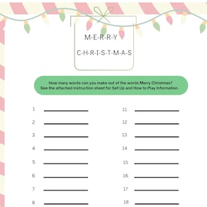 Merry Christmas Printable Word Game! How many words can you make from the words MERRY CHRISTMAS? For Family, Adults, Seniors,& Classrooms!
